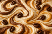 close-up image of swirl of chocolate, vanilla, and caramel ice cream with coffee beans throughout