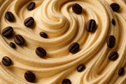 close-up image of swirl vanilla ice cream with whole coffee beans mixed in